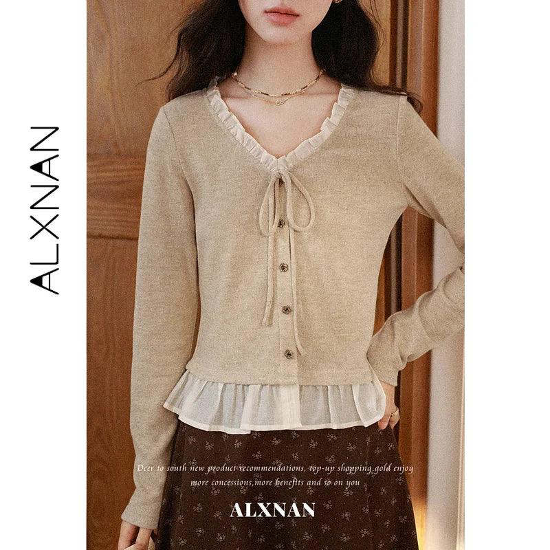 ALXNAN Oat Long Sleeve T-shirt V-neck Thin Strap Bow Buttons Chest Decorated Lace Splicing Neckline and Hem Ladies Tops L67631