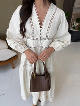 Elegant White Hollow Out Embroidery Long Dress Women V Neck Puff Sleeve Loose Maxi Dresses 2026 Autumn Casual Daily Party Robes
