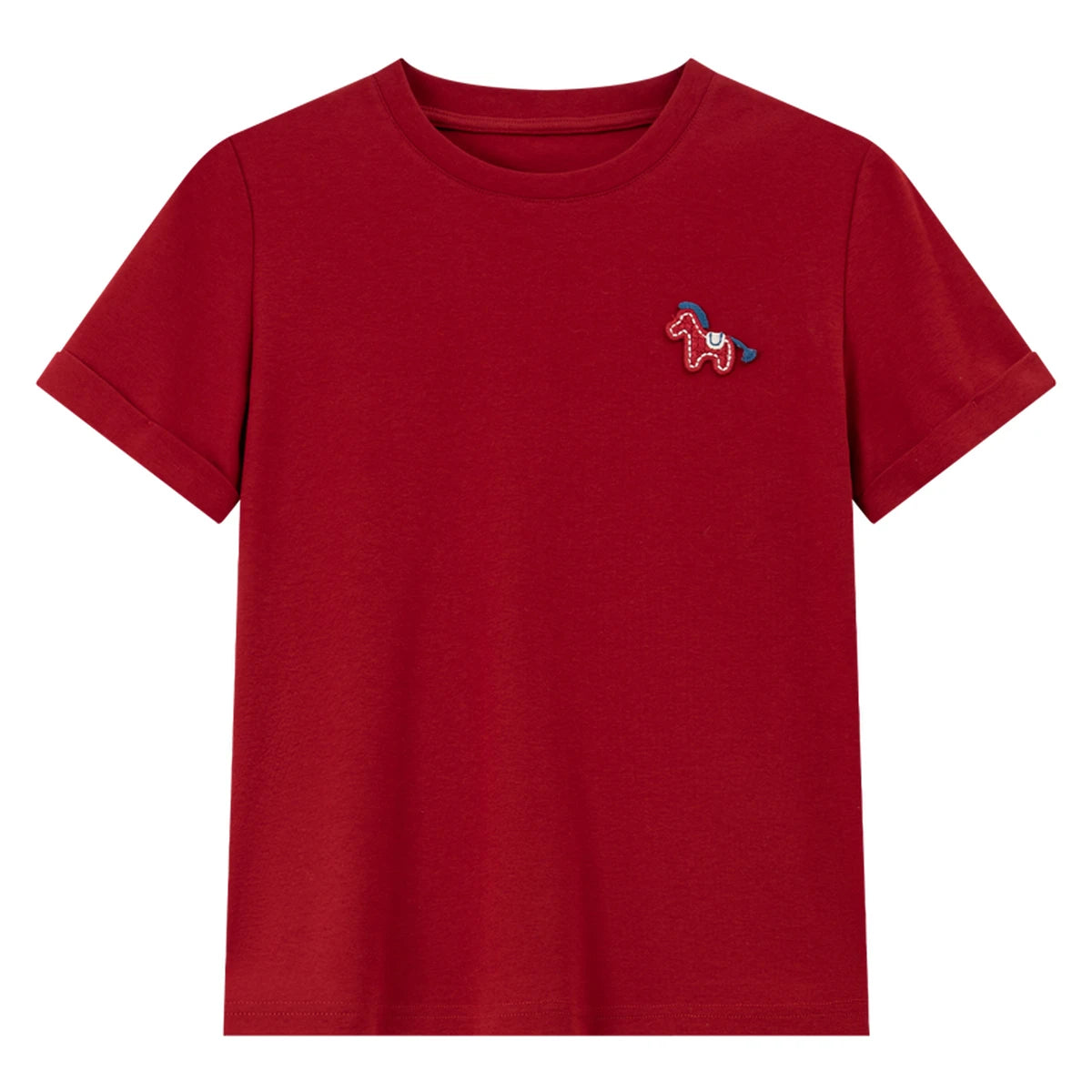 VIMLY Women's Casual Versatile Red T-Shirt 2026 Summer New Office Fashion Fun Pony Embroidery Crew Neck Short Sleeve Top A6279