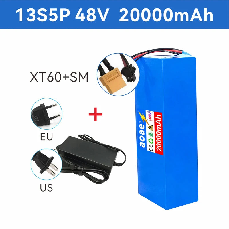 48V Electric Scooter Battery 13S5P 20Ah 18650 Grade-A Cells 2000W Built-in BMS XT60 JST High Capacity Long Range Safe & Durable