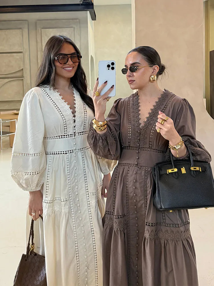 Elegant White Hollow Out Embroidery Long Dress Women V Neck Puff Sleeve Loose Maxi Dresses 2026 Autumn Casual Daily Party Robes