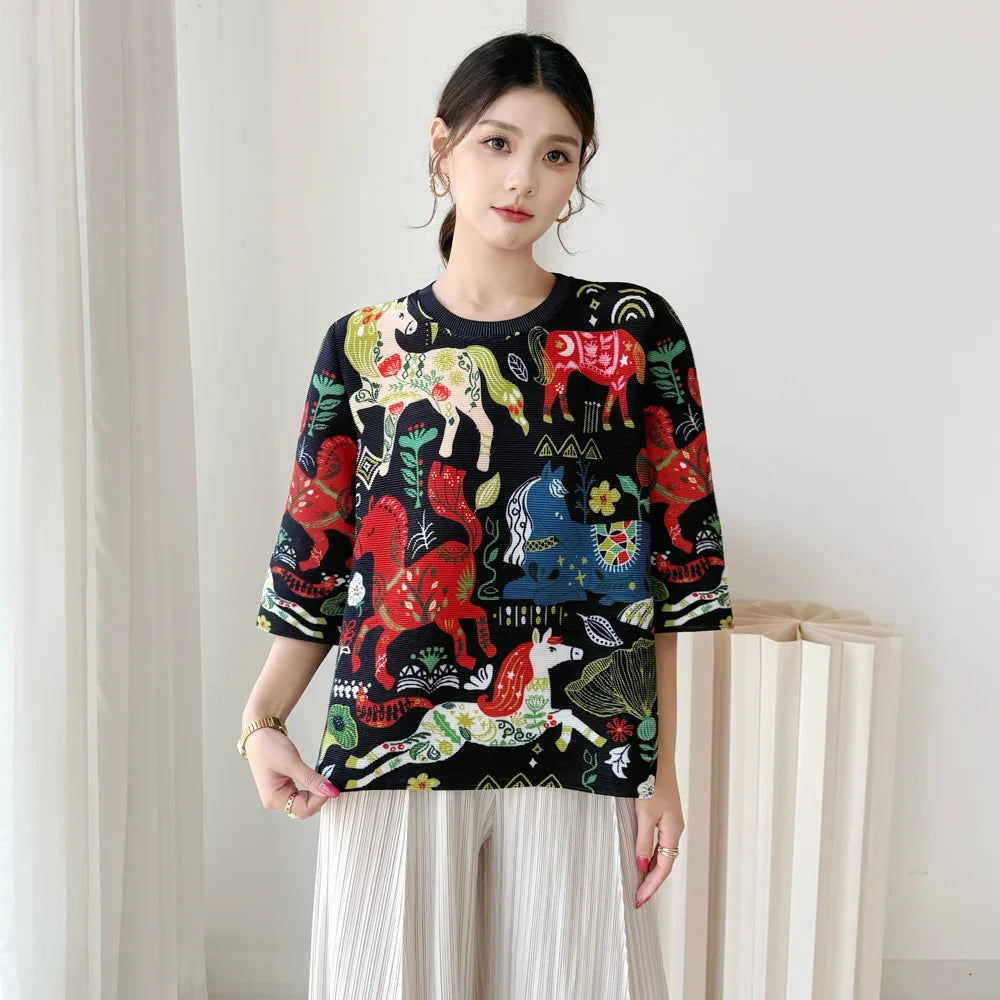 LANMREM High End Whimsical Horse Print Pleated Woemn's T-shirt Half Sleeve Round Neck Loose Fit Lightweight Casual Top 2DB6913