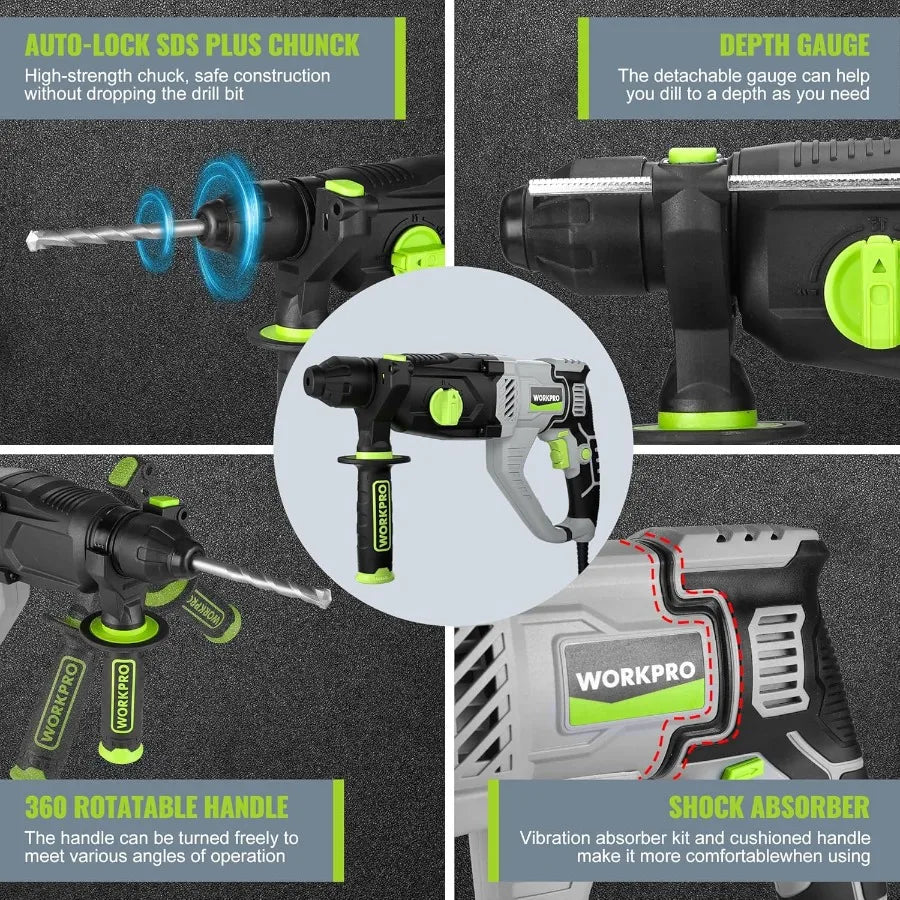 1-1/4 Inch SDS-Plus Rotary Hammer Drill 7.5AMP Lightweight Corded Version for Concrete Demolition Chipping Rotomartillo