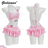 Kawaii Sweet Girls Bikini Set Vintage Polka‑Dot Strawberry Print 2‑Piece Swimsuit Cosplay Beach Bathing Suit For Women