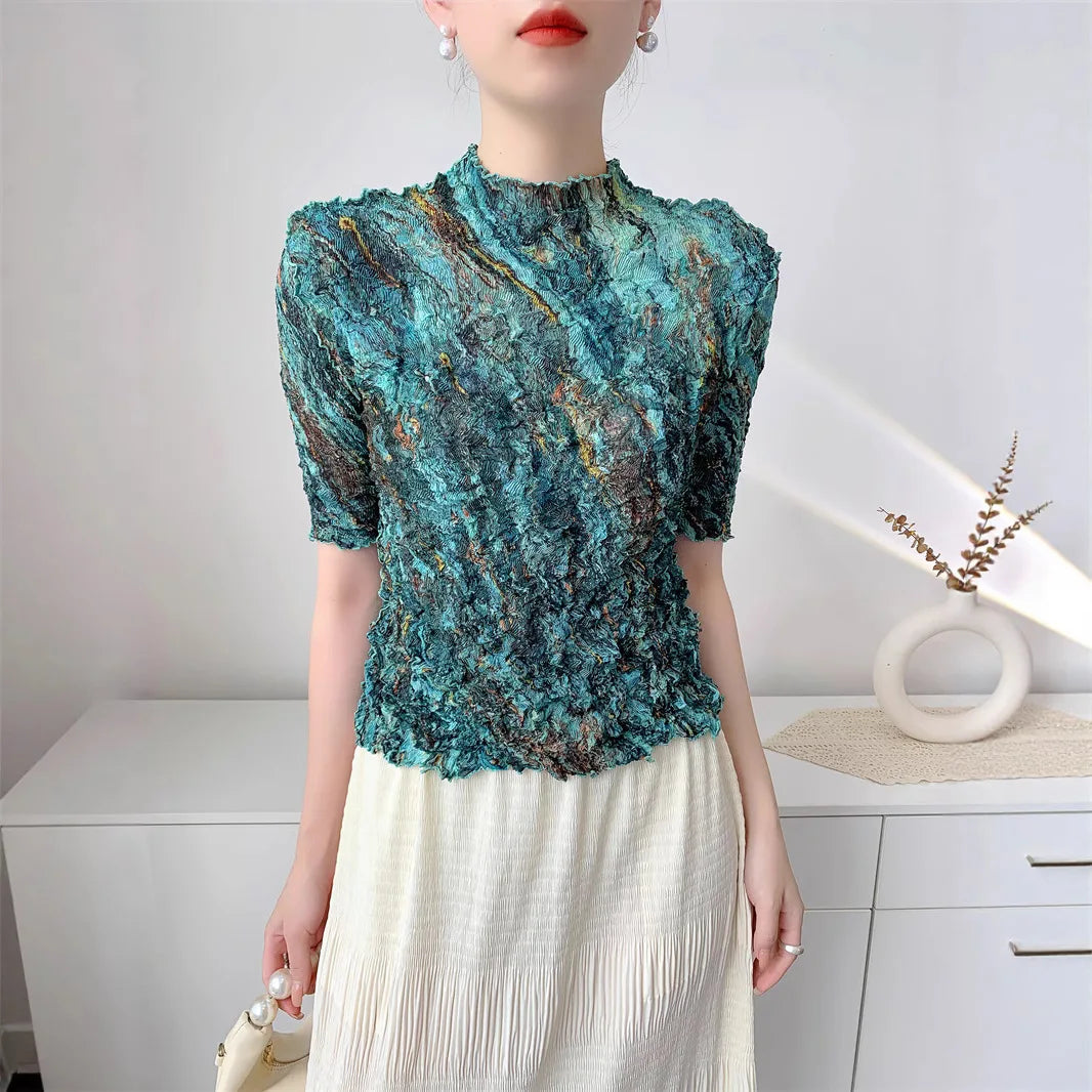 Miyake Style Handmade Pleated Top for Women 2025 Summer New Comfortable Casual Slit Loose Round Neck Short-sleeved T-shir Woment