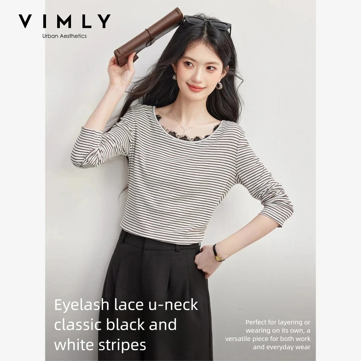 VIMLY Vintage Black White Striped T-shirt Women's 2026 Autumn Lace Spliced Long Sleeve Tees Commuter Elegant Tops Female A7255