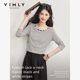 VIMLY Vintage Black White Striped T-shirt Women's 2026 Autumn Lace Spliced Long Sleeve Tees Commuter Elegant Tops Female A7255