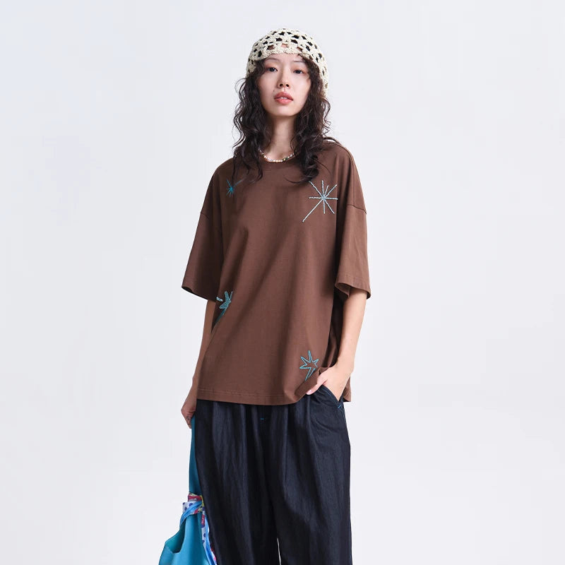 MOVEUP Short-Sleeve Crew Neck T-Shirt 2026 Spring New Firework Beading Woven Label Tees Casual Loose Top for Women 3ELC10536