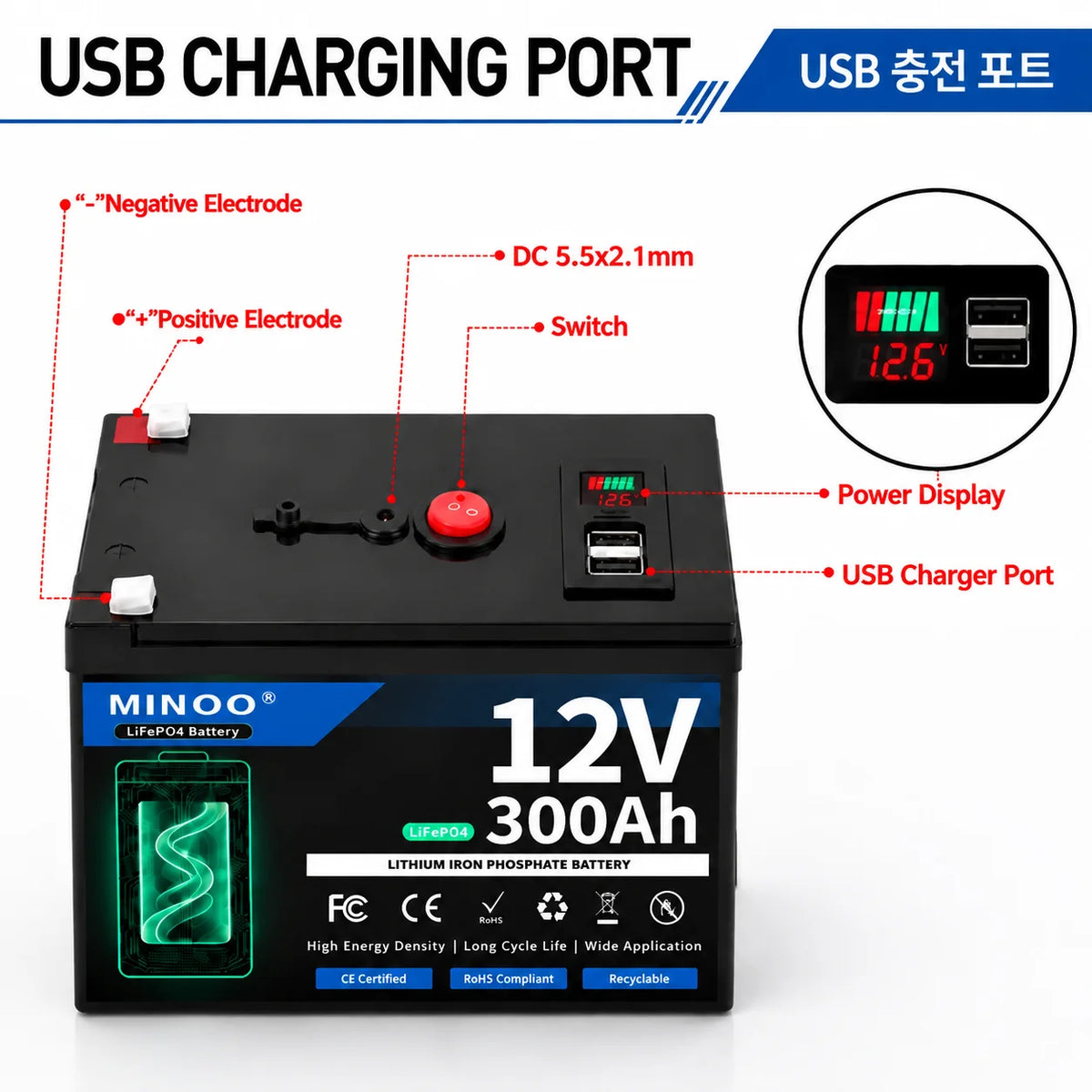 LiFePO4 12V 300AH 12V 200AH Battery Free Charger 12V Lithium Battery Built-In 300A BMS 6000+ Cycle For Solar RV Marine Energy