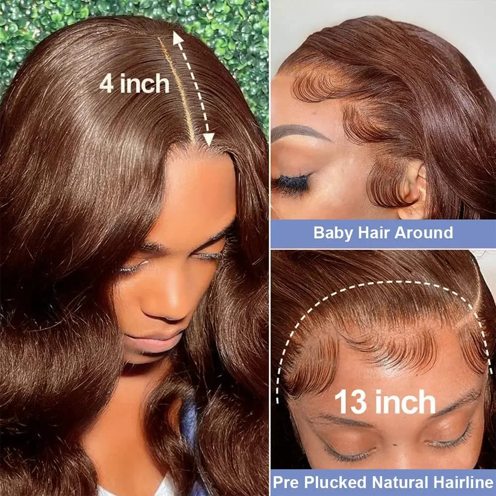 Chocolate Brown 13x4 Lace Front Human Hair Pre Plucked Body Wave Wigs For Women 40 Inch 13x6 HD Lace Frontal Wig 200% Density