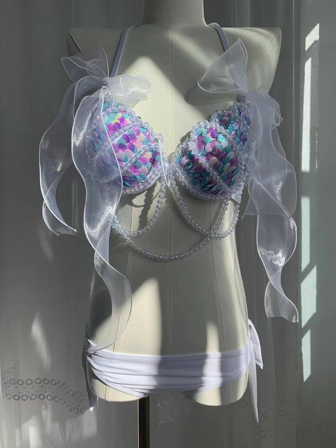 Bikini Mermaid Role Play Bra Aquarium Beach Corset Sequin Triangle Lace Up Bra Mermaid Performance Bra