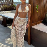 New 3 Piece Crochet Bikini Set Halter Triangle Top Side Tie Bottom Hollow Knit Long Maxi Skirt Cover Up Brazilian Beach Swimwear
