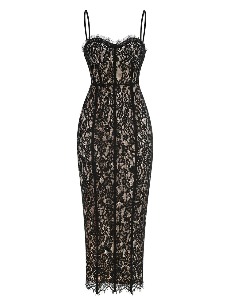 Sexy Spaghetti Strap V Neck Lace Long Dress Women Black Floral Lace Sleeveless Bodycon Dresses Elegant Evening Celebrity Party
