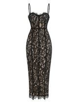 Sexy Spaghetti Strap V Neck Lace Long Dress Women Black Floral Lace Sleeveless Bodycon Dresses Elegant Evening Celebrity Party