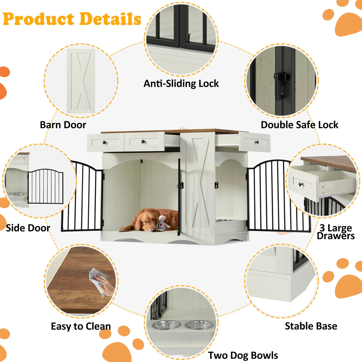&c Stylish Barn Door Dog Crate Furniture With Feeding Station Stable Base for Living Room Medium Large Dogs Home Decor