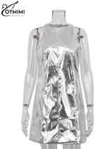 Oymimi Sexy Slim Sliver Pu Leather Dress Ladies Bodycon O-Neck Sleeveless Dress Elegant Classicc Party Dresses For Women 2023