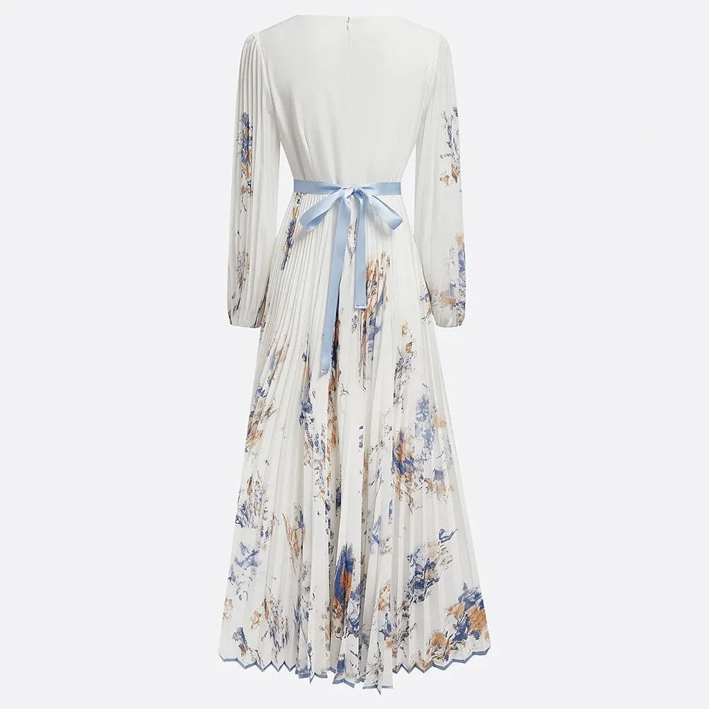 Elegant Long Sleeve Maxi Dress Women 2025 Summer Fashion Slim Floral Print V-neck Long Dresses Casual