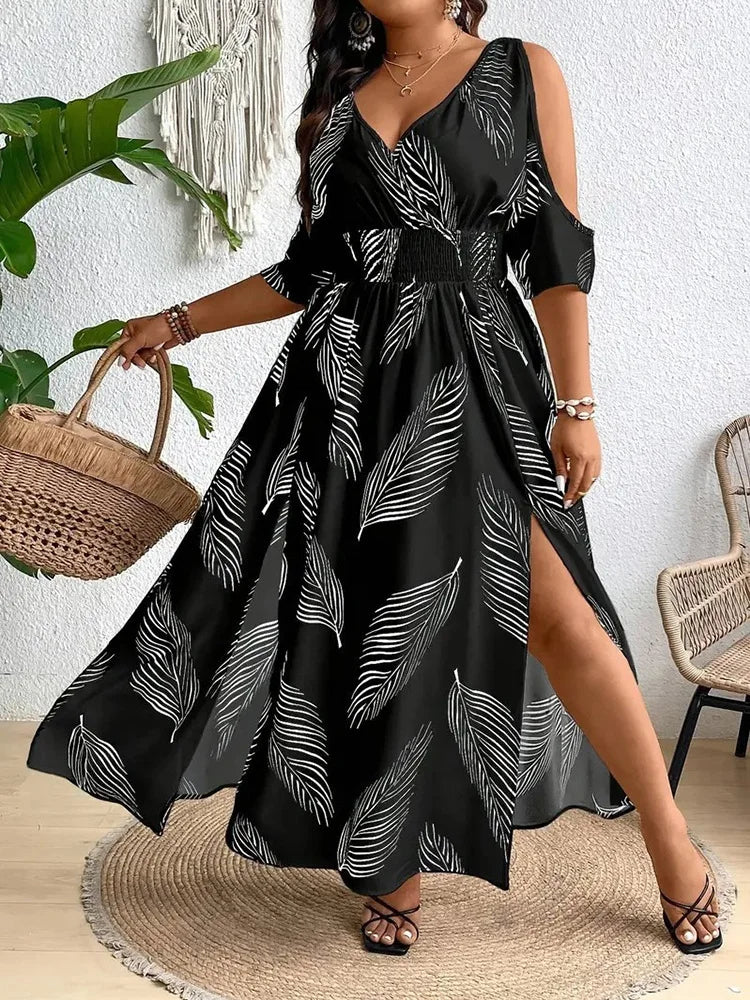 GIBSIE Plus Size Cold Shoulder V-Neck Sexy Printed Dress Women Casual Vacation Beach Big Swing Split Long Dresses 2025 Summer