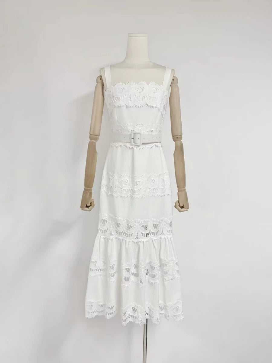 VGH Solid Elegant Spliced Hollow Out Dress for Women Square Collar Sleeveless Patchwork Sashes High Waist Bodycon Dresses Female