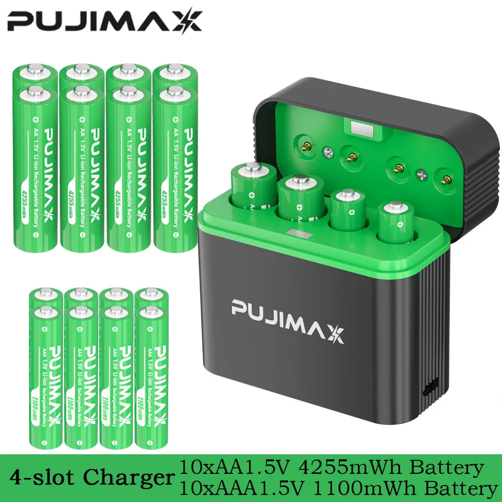 PUJIMAX Smart AA/AAA Lithium Battery Charger Charging 4 AA+4 AAA Rechargeable Li-ion Batteries With High Capacity Battery SET
