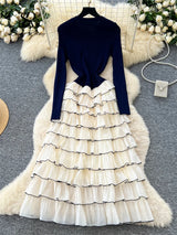 SINGREINY Autumn 3D Floral Spliced Long Dress 2025 Female O Neck Long Sleeves High Quality Slim Luxury Knitted Party Cake Dress