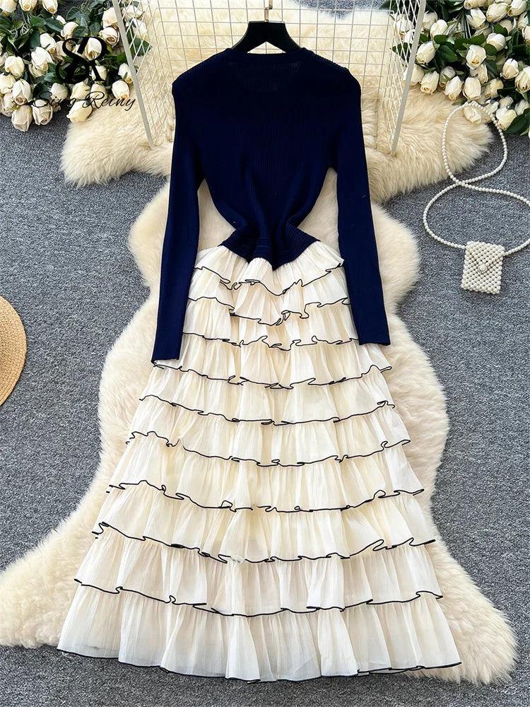 SINGREINY Autumn 3D Floral Spliced Long Dress 2025 Female O Neck Long Sleeves High Quality Slim Luxury Knitted Party Cake Dress