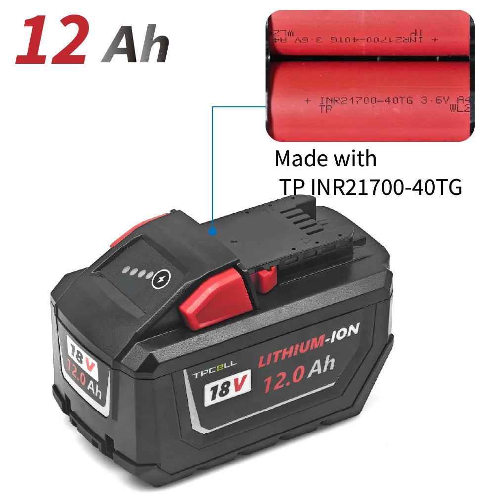 TPCELL 12AH/15AH For M.18 Tabless 21700 18V Professional Battery Li-ion Replacement High Output