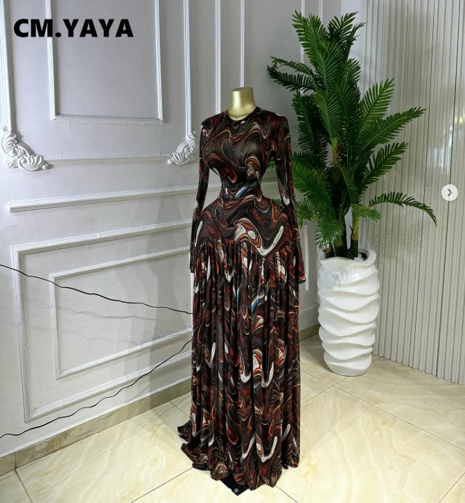 CM.YAYA Women Tie Dye Print O-neck Long Sleeve Pleated Long Dress 2026 Sexy Mesh Evening Party Birthday Vacation Dresses Vestido
