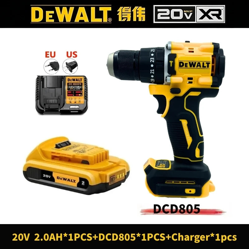 DEWALT DCD805 20V Power Tools, Brushless Impact Drill Cordless Electric Screwdriver, Optional 2Ah 6Ah Lithium Battery Tool Set