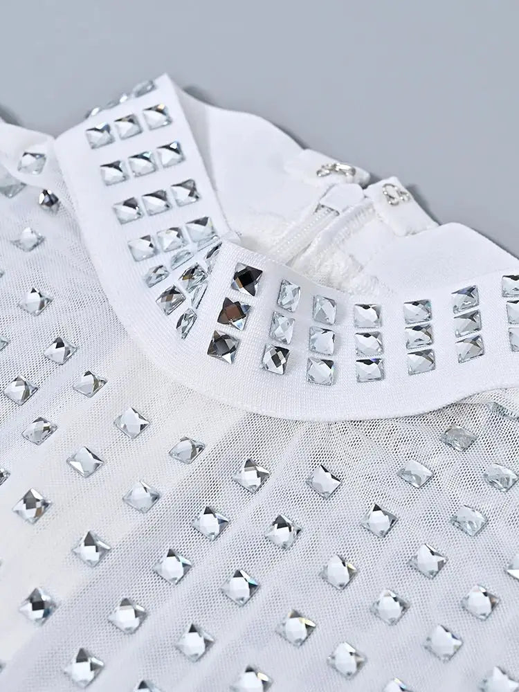 BEAUKEY New Fashion Luxury Diamond Crystal White Bandage Evening Dress Mesh Sexy See Through Elastic Slim Party Dress Vestidos