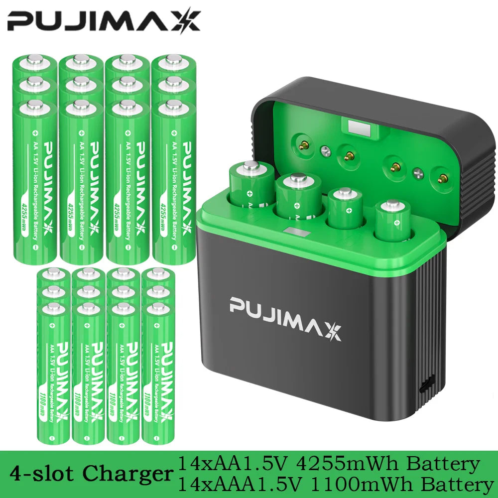 PUJIMAX Smart AA/AAA Lithium Battery Charger Charging 4 AA+4 AAA Rechargeable Li-ion Batteries With High Capacity Battery SET