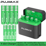 PUJIMAX Smart AA/AAA Lithium Battery Charger Charging 4 AA+4 AAA Rechargeable Li-ion Batteries With High Capacity Battery SET