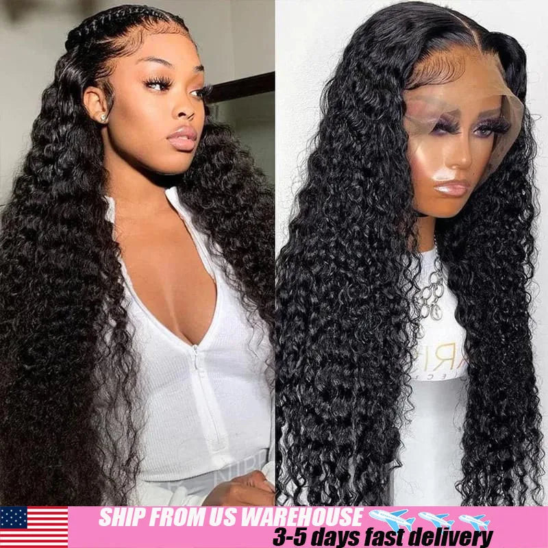 34 Inch Human Hair Water Wave Wig Natural Color 13x6 Frontal Curly Lace