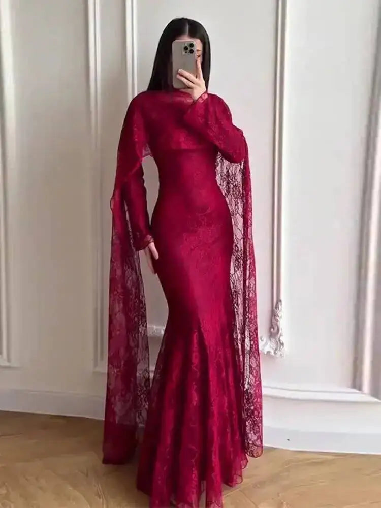 LGRQ 2026 New Elegant Round Neck Long Sleeved Waist Slimming Dress With Lace Shawl Temperament Women's Party Gown 19DB2591