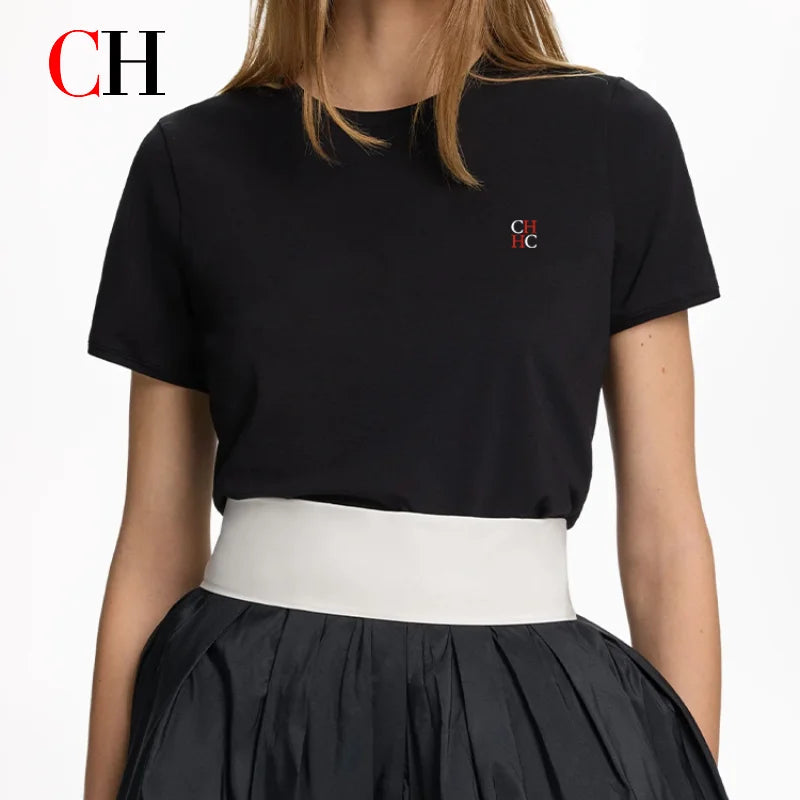 CH Women's Crew Neck T Shirt Mini Letter Print Short Sleeve Soft Cotton Slim Fit Daily Wear Casual Fashion Tops