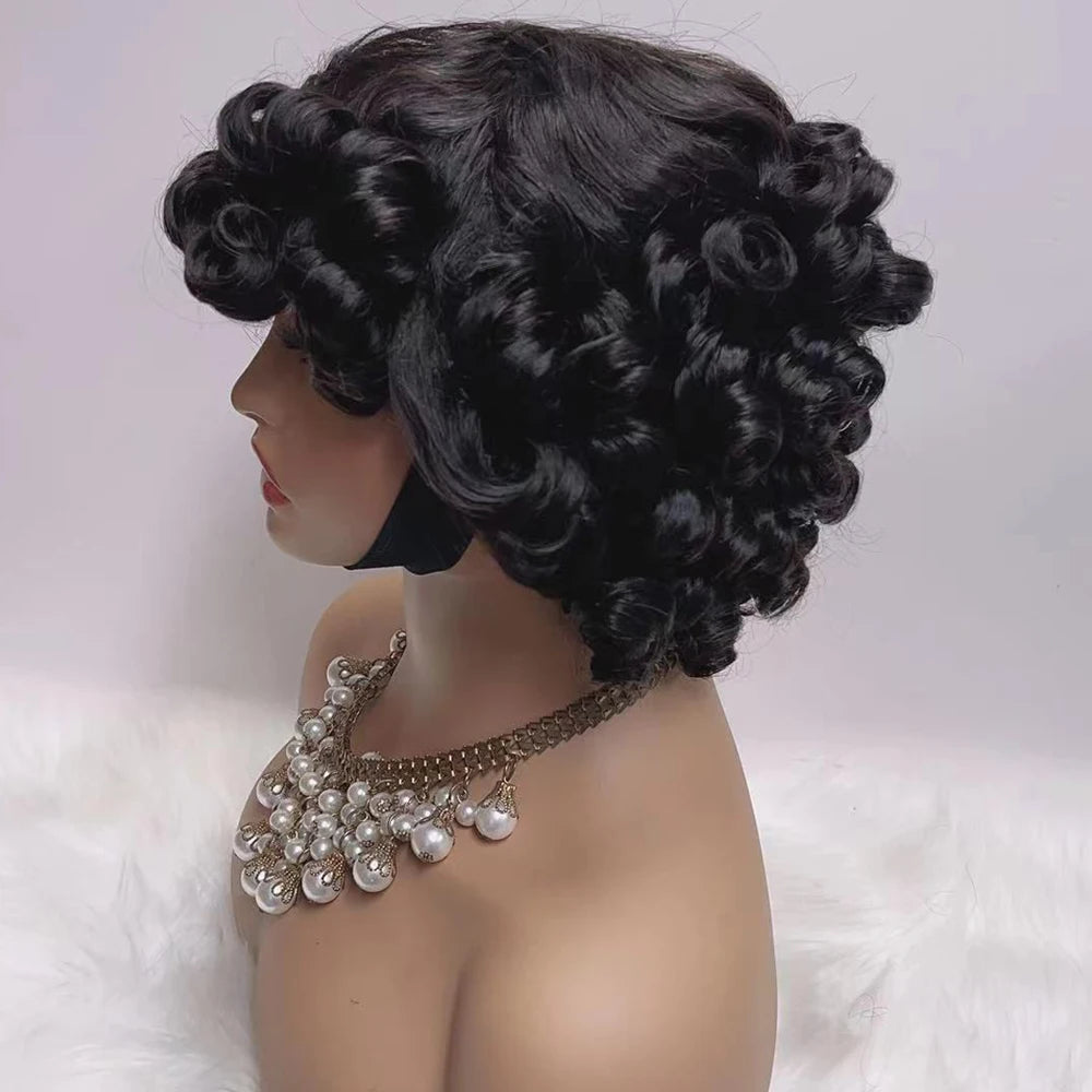 300% Pixie Cut Human Hair Wigs For Women Afro Rose Curly Funmi Glueless Wigs Human Hair Short Bouncy Curly Bob Wig With Bangs