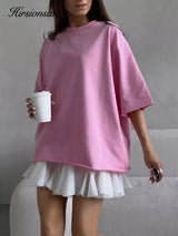 Hirsionsan Summer Casual Oversized T-shirts Women 100% Cotton Pink Loose Tees 2025 New Cusual Solid O Neck Female Aesthetic Tops
