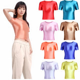 MJINM Women Oil Glossy Silky Smooth Short-sleeve Bottoming Shirt Strech Tight Soild Color Casual Yoga Sports Home Short T-shirt