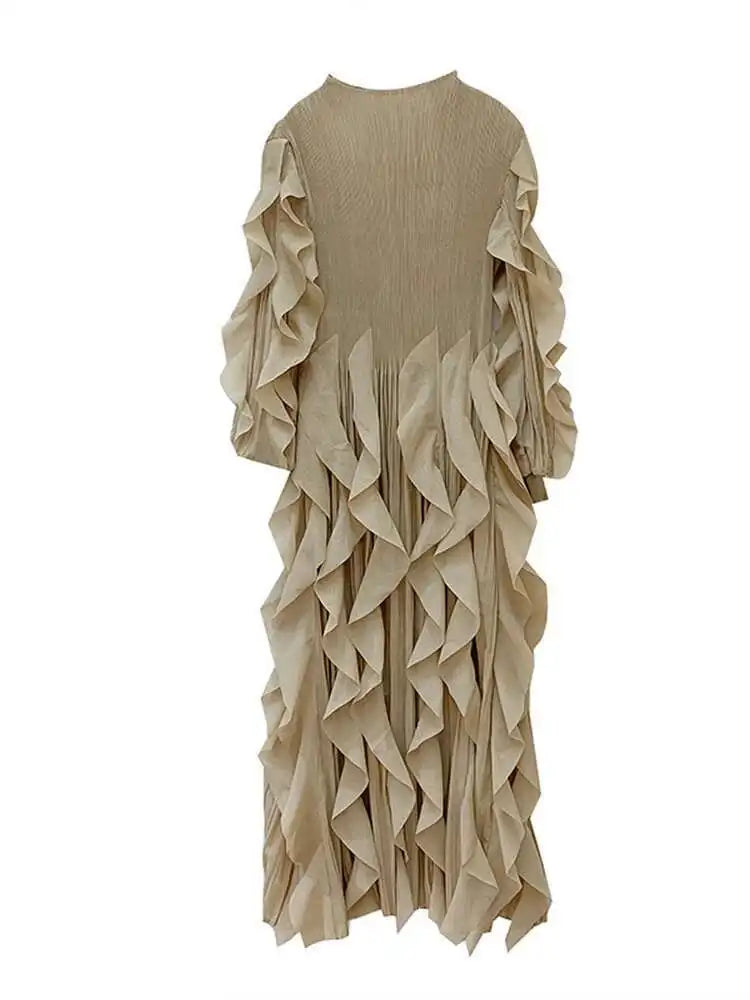 LANMREM Elegant Pleated Dress For Women Stand Collar Puff Sleeves High Stretch Personalized Dresses 2025 Spring New 2Z2817