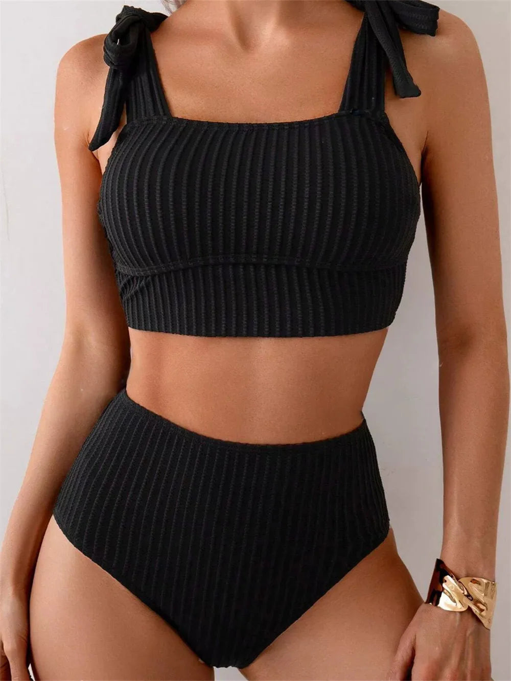 Sexy Black Bandage Wide Straps Bikini High Waist Rib Swimsuit Women's Bikinis and Tankinis Push Up Holiday Swimwear Beach Outfit
