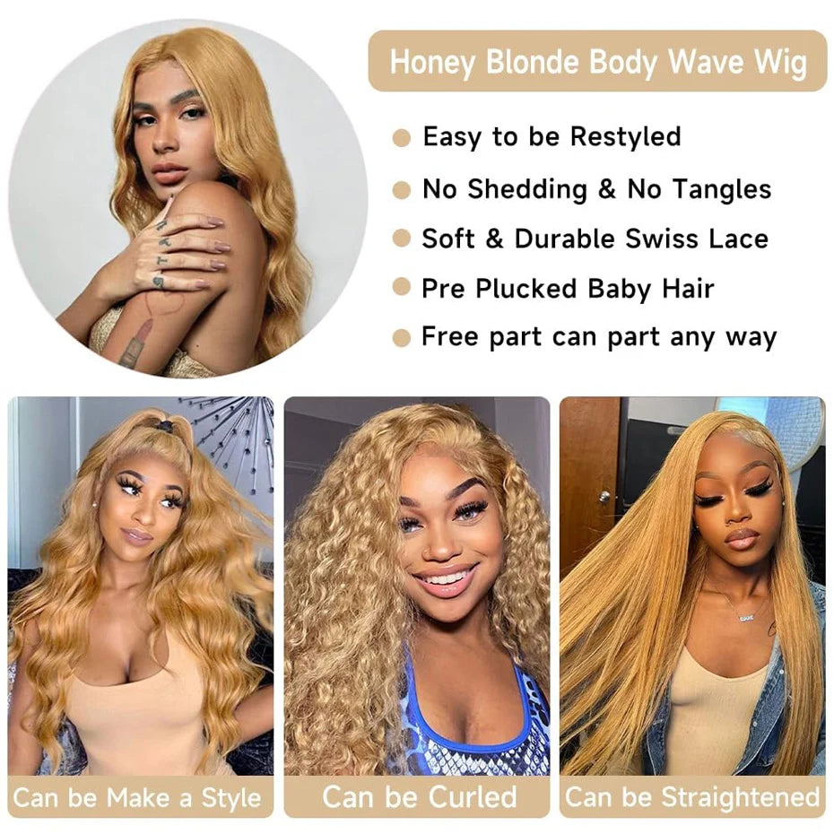 Honey Blonde Body Wave Lace Front Wig Human Hair #27 Colored Human Hair Wig PrePlucked 13x6 HD Lace Frontal Wigs For Black Women