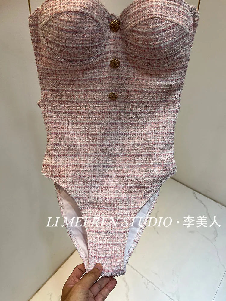 New Rough tweed delicate pink one-piece swimsuit for women