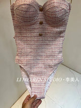 New Rough tweed delicate pink one-piece swimsuit for women