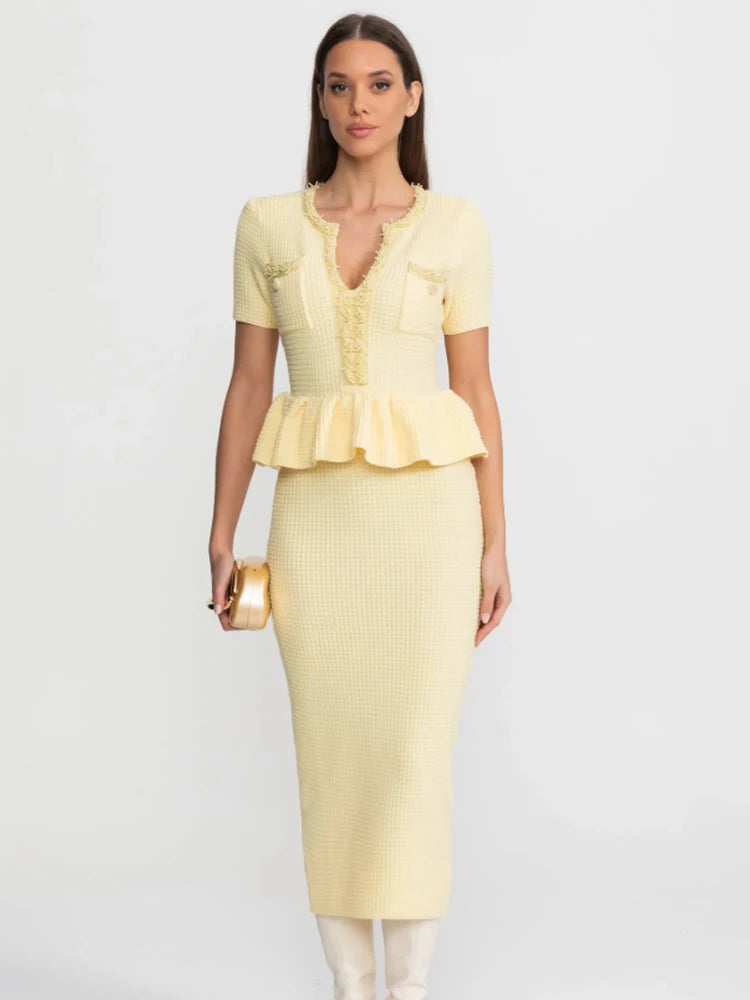 2026 Women New Ruffle Midi Dress V Neck Solid Color Bodycon Office Lady Dresses Short Sleeves 2026 Elegant Party Formal Vestidos