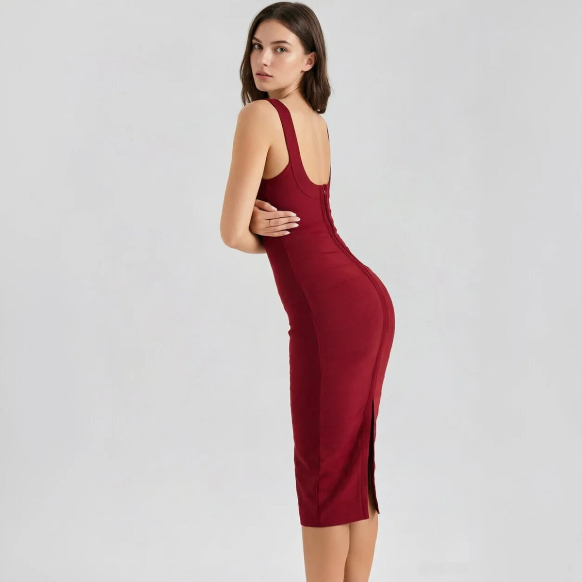 BEAUKEY Fashion Yellow U Neck Striped Bandage Dress Evening Backless Sexy Bodycon Women Dress Party Celebrity Vocation Dresses