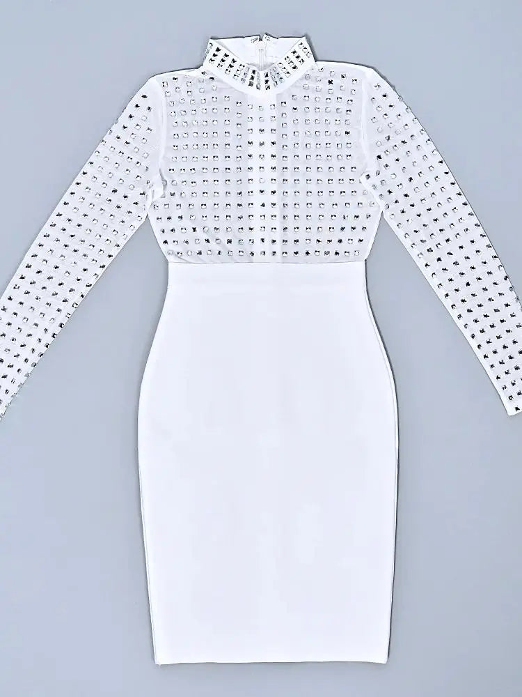 BEAUKEY New Fashion Luxury Diamond Crystal White Bandage Evening Dress Mesh Sexy See Through Elastic Slim Party Dress Vestidos
