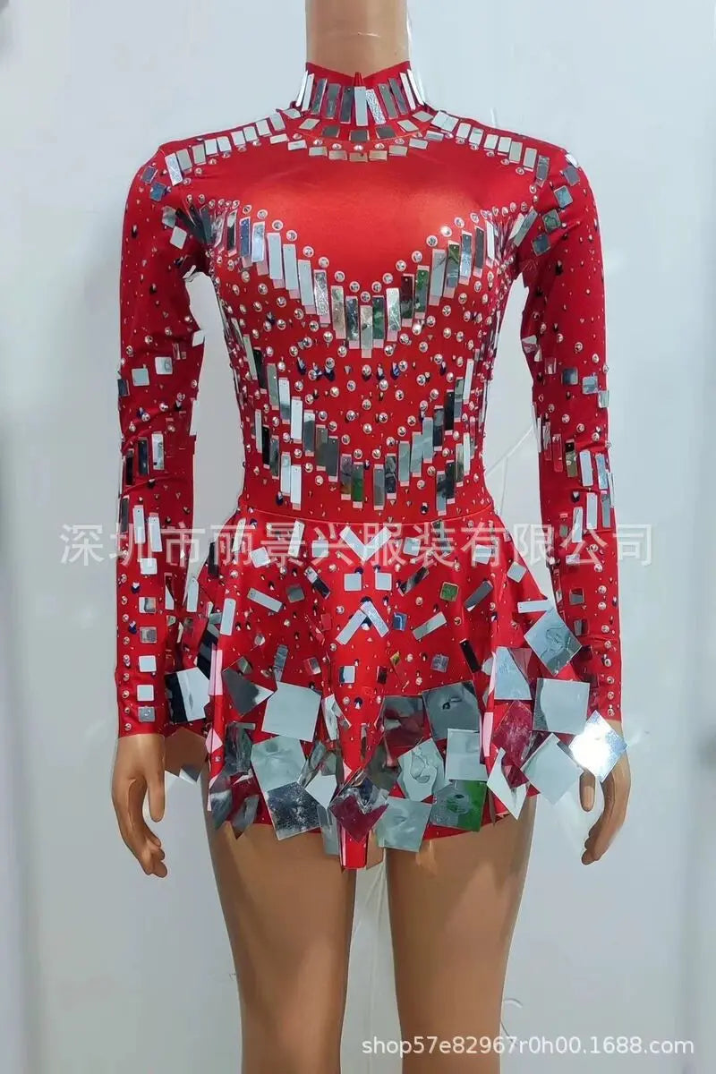 Fashion Stretch Sequins Mirror Dress Women Bodysuit Dancewear Long Sleeve Drag Queen Costume Rave Festival Night Out BodySuits