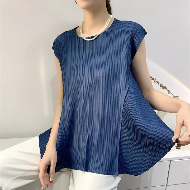 Pleated T-Shirt Summer New Simple Fashion Irregular Sleeveless Loose Casual Round Neck Women's Lightweight Stretch Top