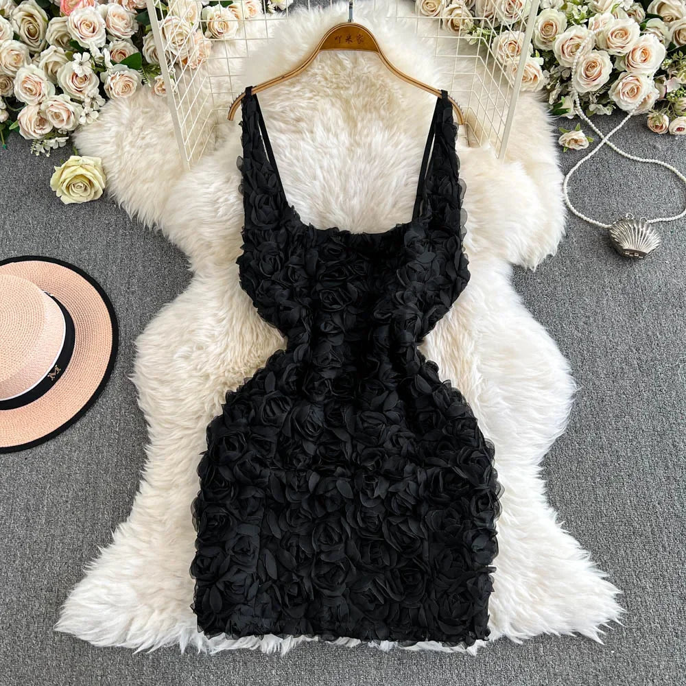 Hotsweet Straps Elegant Sleeveless Backless Lace Three-dimensional Floral Slim Short Dresses Evening High Street Autumn Clothing