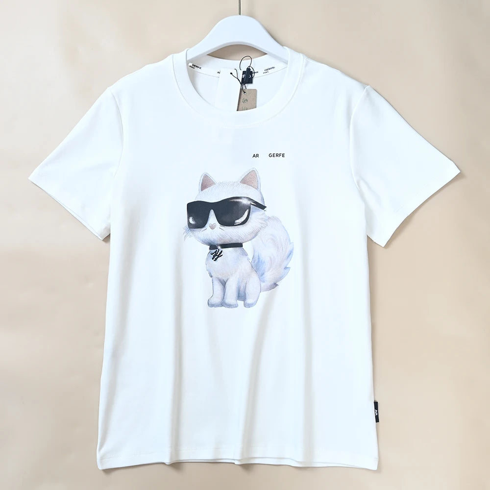 Summer New Women's Cotton Heat Transfer Letter Cartoon Pattern round Neck Short Sleeve T-Shirt Casual Slim Fit K Brand T-shirt